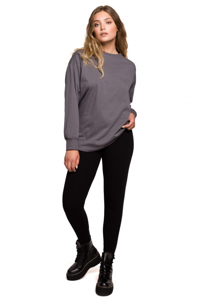 Bluzka Damska - Longsleeve Oversize Z Nadrukiem - antracytowa